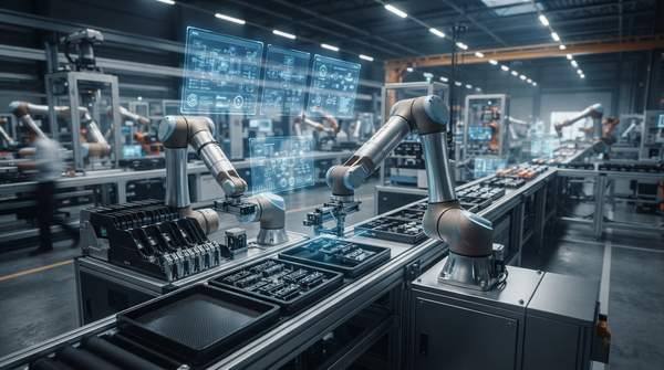 Robots on a futuristic factory floor being directed by AI for efficient industrial manufacturing processes.