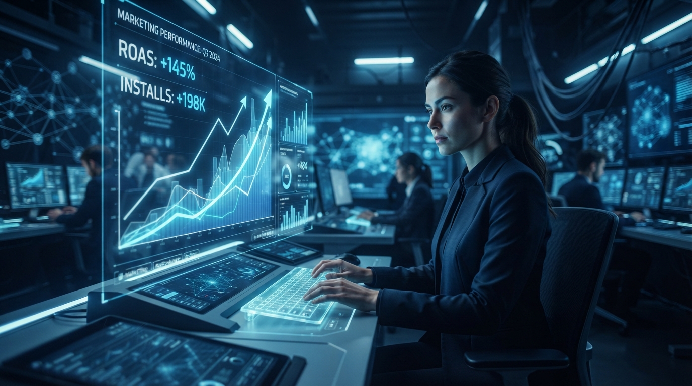 Futuristic digital marketing control room with AI-driven analytics showing significant growth in installs and ROAS.