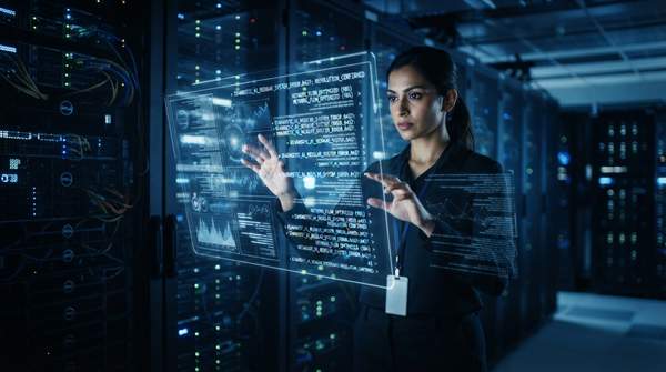 Futuristic server room with AI analyzing system faults on holographic displays, showcasing rapid diagnosis and resolution.