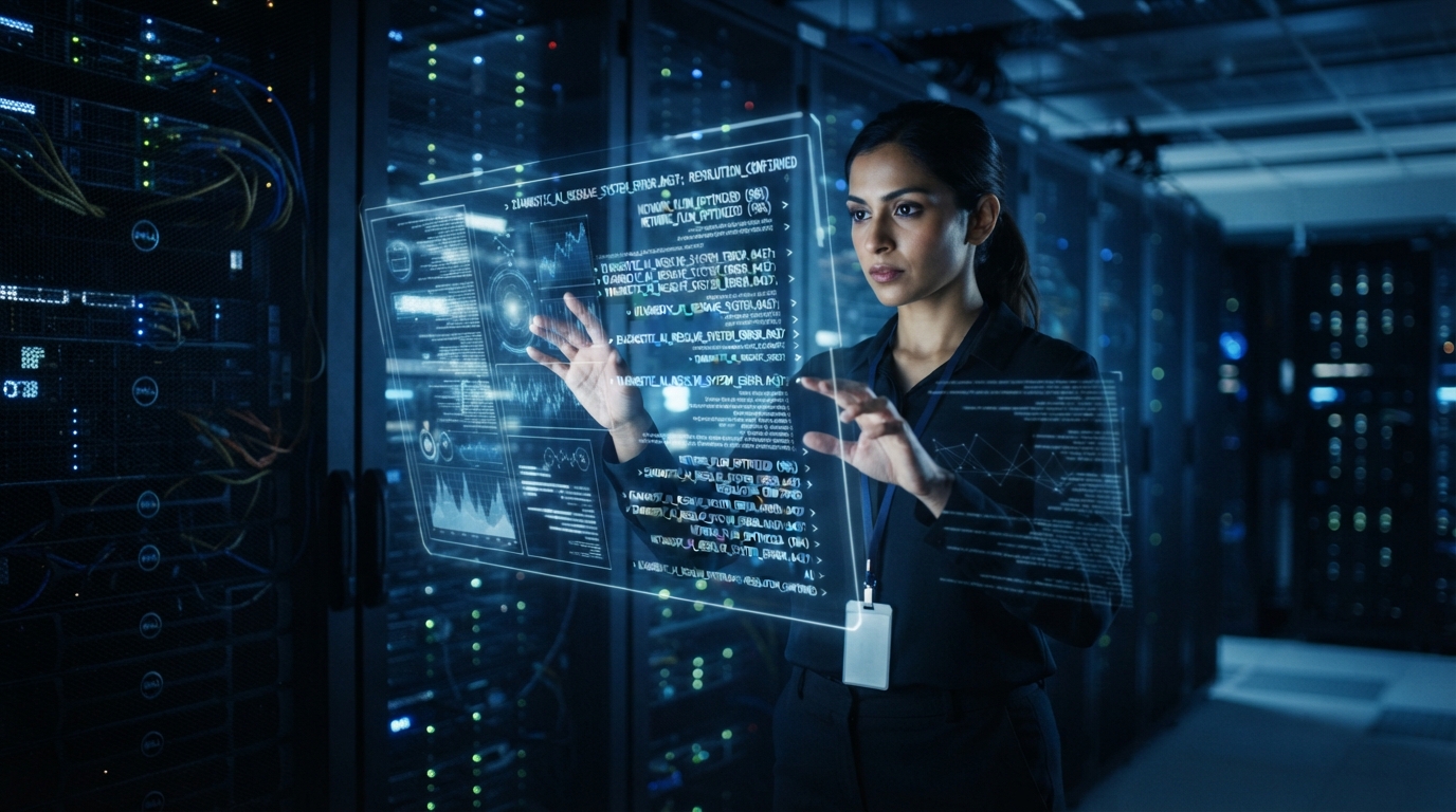Futuristic server room with AI analyzing system faults on holographic displays, showcasing rapid diagnosis and resolution.