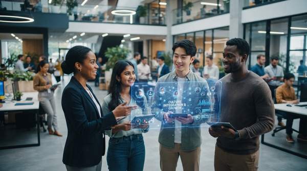 AI interface guiding diverse new employees through a modern, welcoming office space, symbolizing efficient and successful onboarding for better retention.