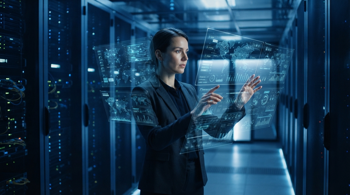 Futuristic AI interface managing and tagging a vast library of digital assets with holographic displays and data visualizations.