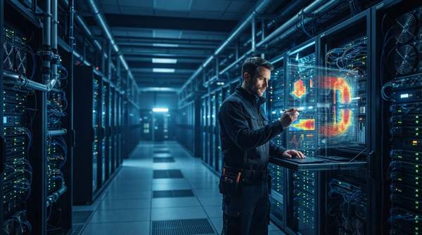 A high-tech data center interior showcasing advanced cooling infrastructure and server racks, with a holographic display illustrating thermal management.