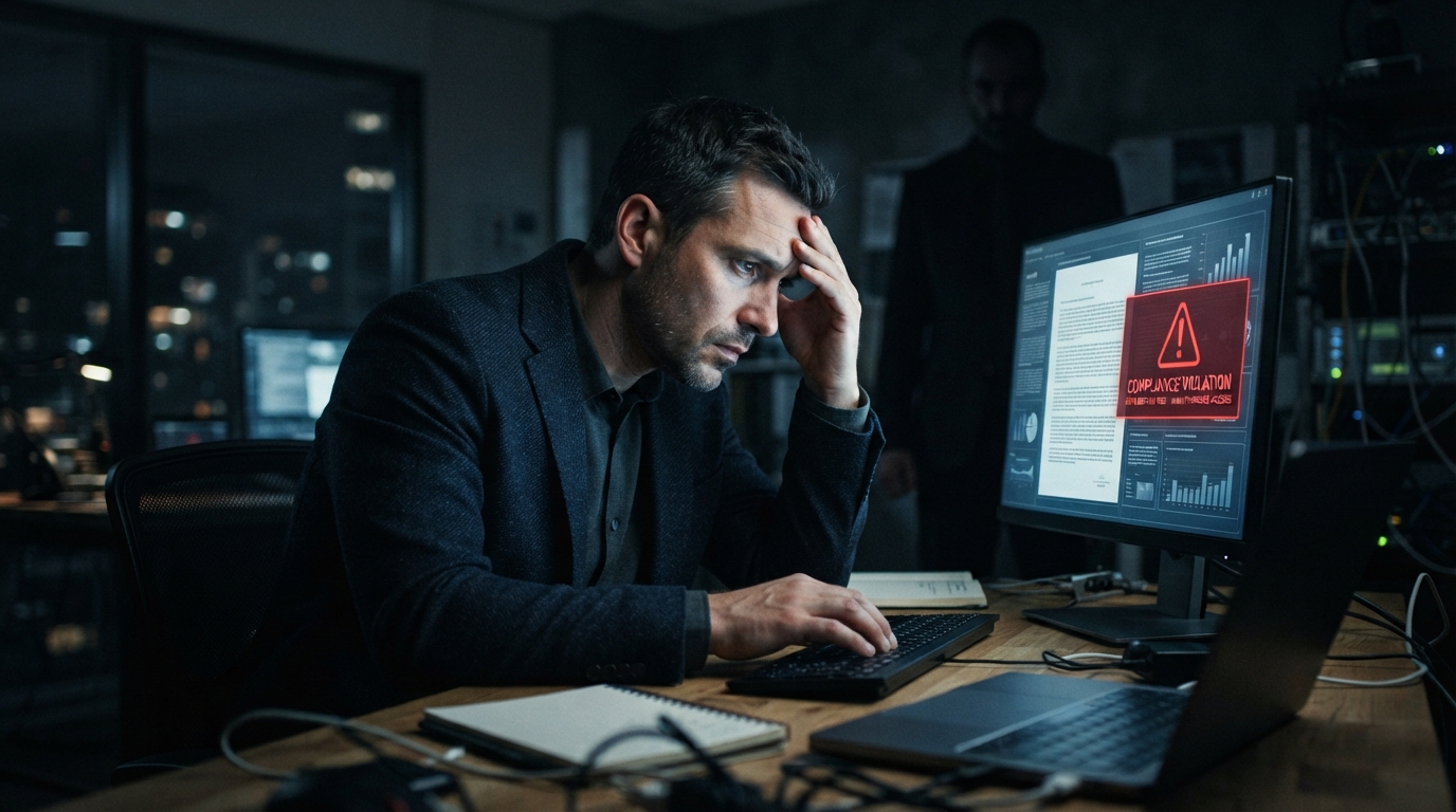 Startup founder stressed by AI legal risks, with a glowing screen showing legal documents and a warning symbol, under a looming shadow of legal consequences.