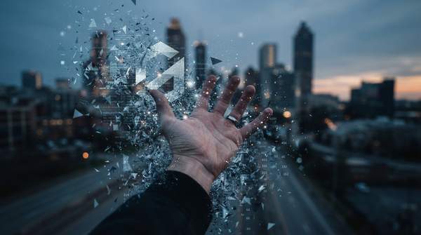 A dissolving brand logo in digital noise with a human hand reaching out, symbolizing the struggle for authenticity in AI-driven marketing.