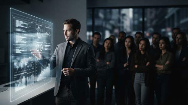 Futuristic AI marketing interfaces contrasted with a skeptical consumer crowd, symbolizing the growing divide in AI adoption.