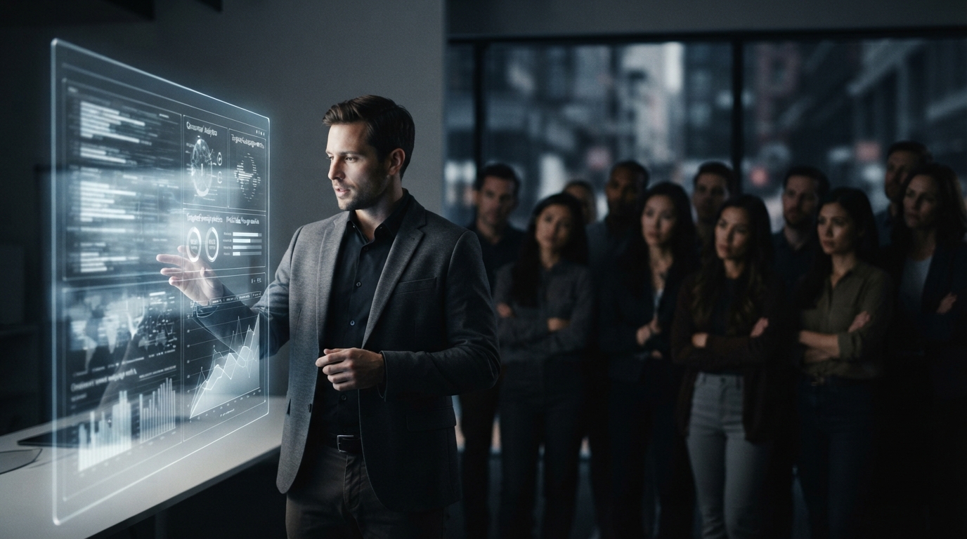 Futuristic AI marketing interfaces contrasted with a skeptical consumer crowd, symbolizing the growing divide in AI adoption.