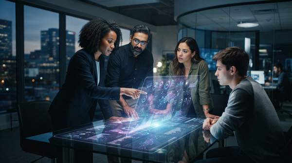 Diverse team of marketers using advanced AI tools to analyze data and drive personalization revenue growth in a futuristic office setting.