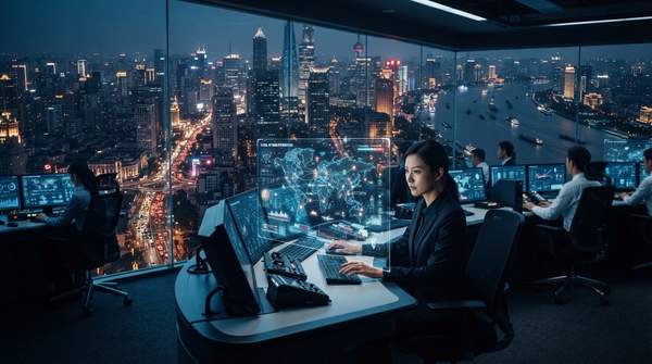 Futuristic AI control center managing global transportation networks with holographic displays and data streams, symbolizing optimized logistics and efficiency.