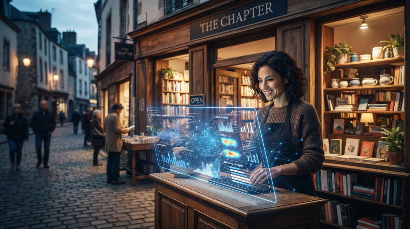 Futuristic AI interface overlaying a local business storefront, visualizing marketing data and customer engagement for 2026.