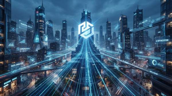Futuristic cityscape illustrating AI search optimization and full-stack authority marketing for brands in an AI-driven world.