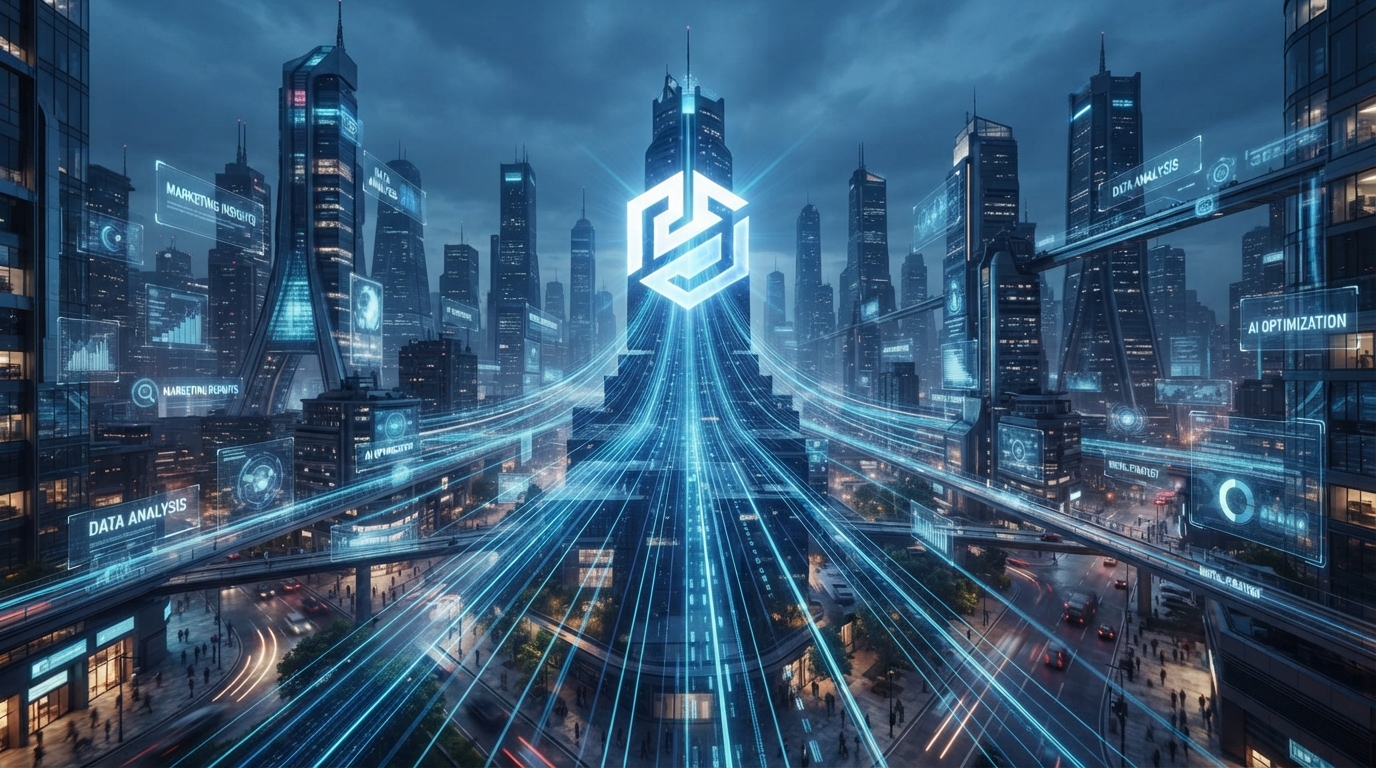 Futuristic cityscape illustrating AI search optimization and full-stack authority marketing for brands in an AI-driven world.