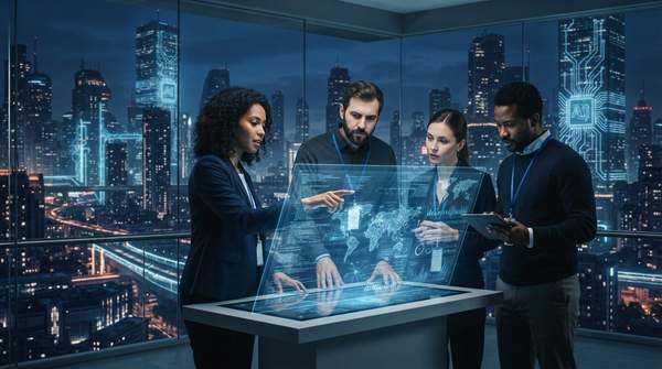 Diverse team of engineers working with AI interfaces in a futuristic city, symbolizing new roles created by AI's efficiency paradox.