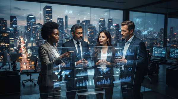 Futuristic cityscape with AI data streams, business owners analyzing holographic charts for local SEO and brand visibility.