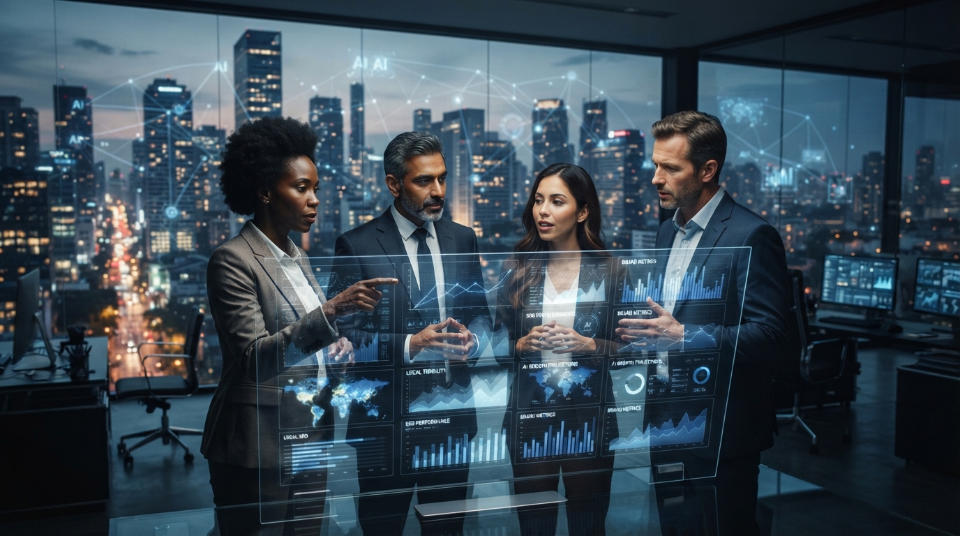Futuristic cityscape with AI data streams, business owners analyzing holographic charts for local SEO and brand visibility.