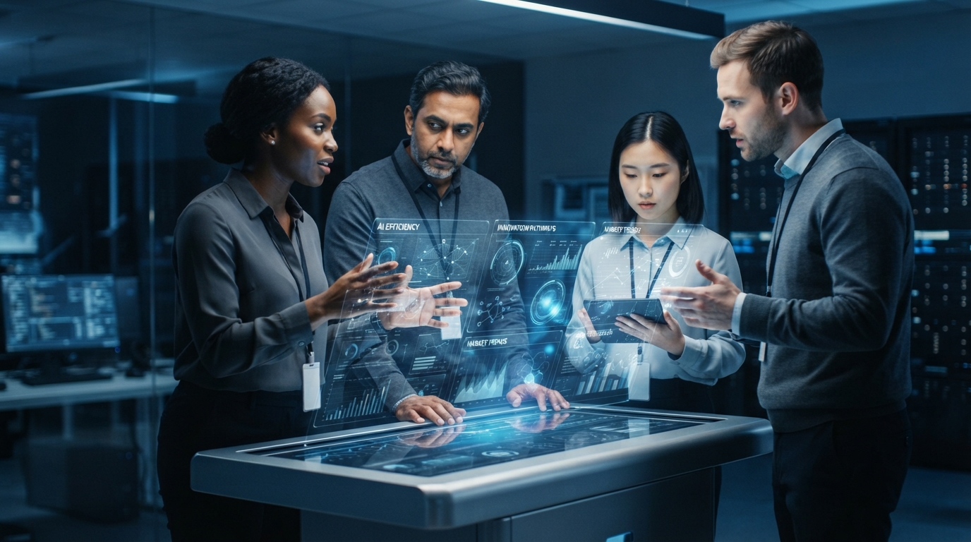 Product team using advanced AI interface to analyze user feedback and prioritize features, showcasing enhanced efficiency and innovation.