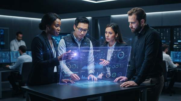 Product team using advanced AI interface to analyze customer feedback, visualizing user needs and reasoning for better product development.