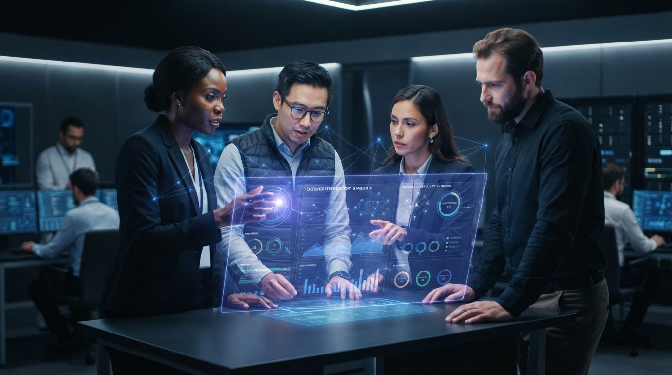 Product team using advanced AI interface to analyze customer feedback, visualizing user needs and reasoning for better product development.