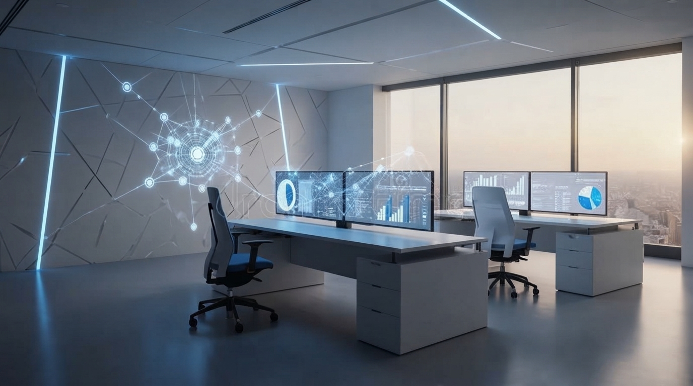 Small business owner using advanced AI tools on a holographic interface, symbolizing efficiency and future growth in 2026.
