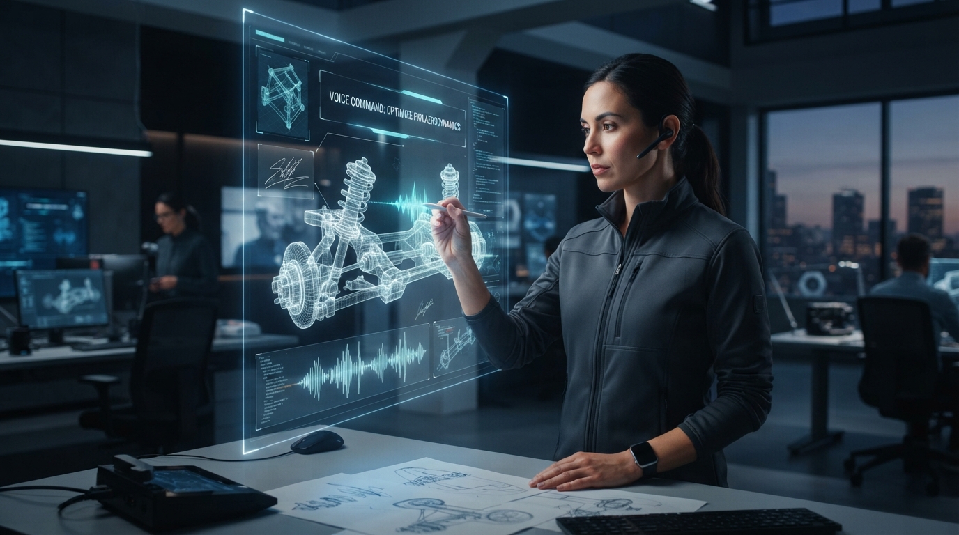 Futuristic design studio showcasing Autodesk's AI generating 3D CAD models from voice input and sketches on a holographic interface.