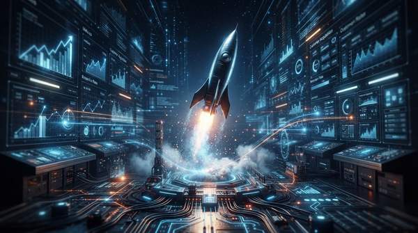 A B2B SaaS rocket launching amidst glowing data streams, symbolizing hyper-efficient growth and customer acquisition.