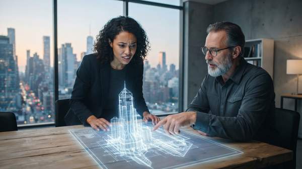 Fractional CTO offering expert guidance and strategic blueprints to a hopeful early-stage startup founder in a modern office setting.