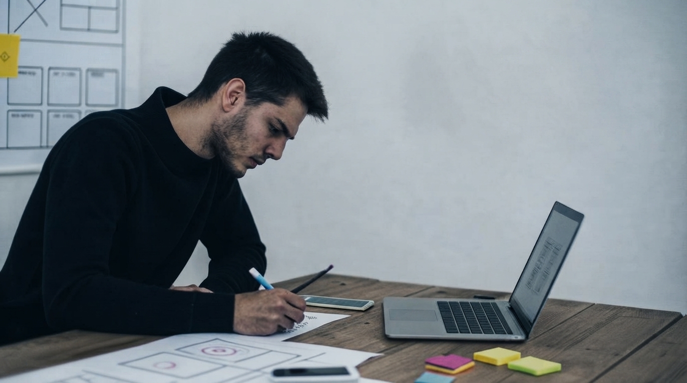 Diverse team collaborating on a holographic interface, building a product prototype with digital blocks in a futuristic cityscape.