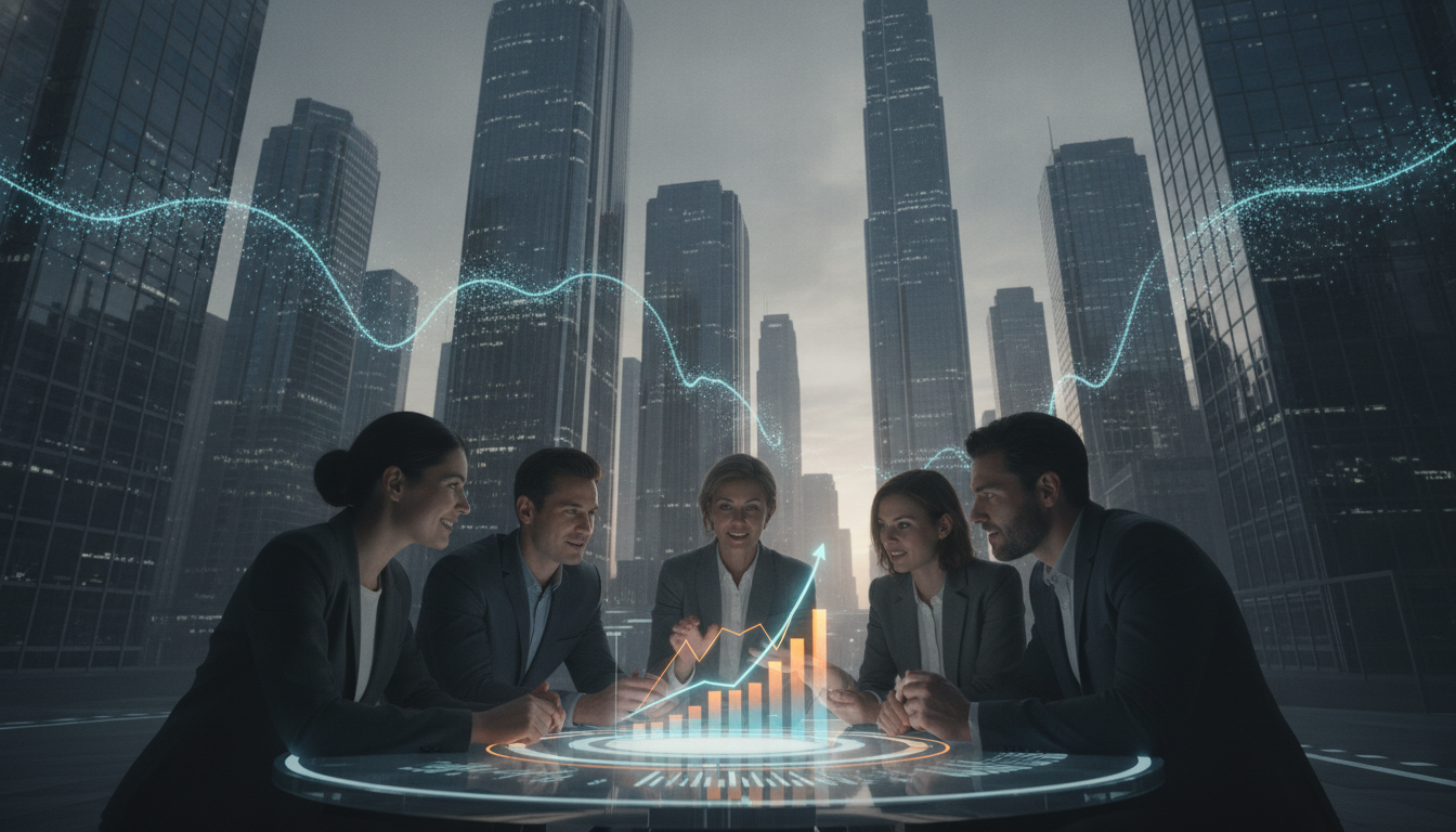 Diverse entrepreneurs collaborating around a holographic display showing upward-trending revenue charts in a futuristic cityscape, symbolizing SaaS monetization success.