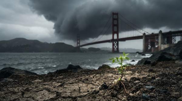 Golden Gate Bridge under a storm cloud with a small seedling struggling to grow, symbolizing the impact of California's proposed billionaire tax on startup innovation.