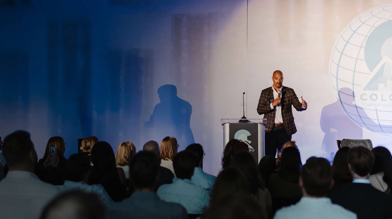Futuristic Denver cityscape with AI network lines, founders collaborating around a holographic display, symbolizing innovation and community at Colorado Startup Week.