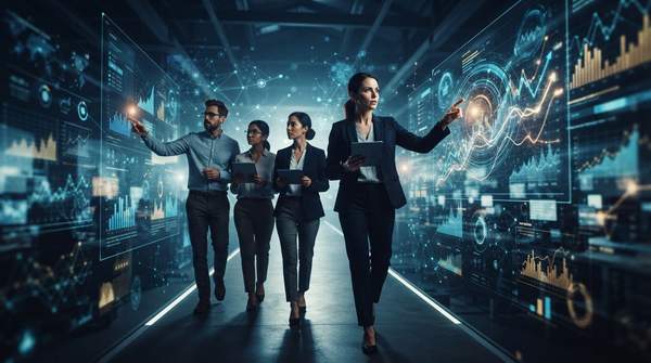 A small startup vessel skillfully navigating a chaotic, data-filled market storm, symbolizing the need for continuous learning and adaptation for survival.