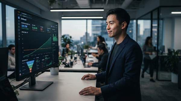 Startup founder analyzing CLV and CAC metrics on a dashboard, illustrating strategic growth and financial stability for a growing business.