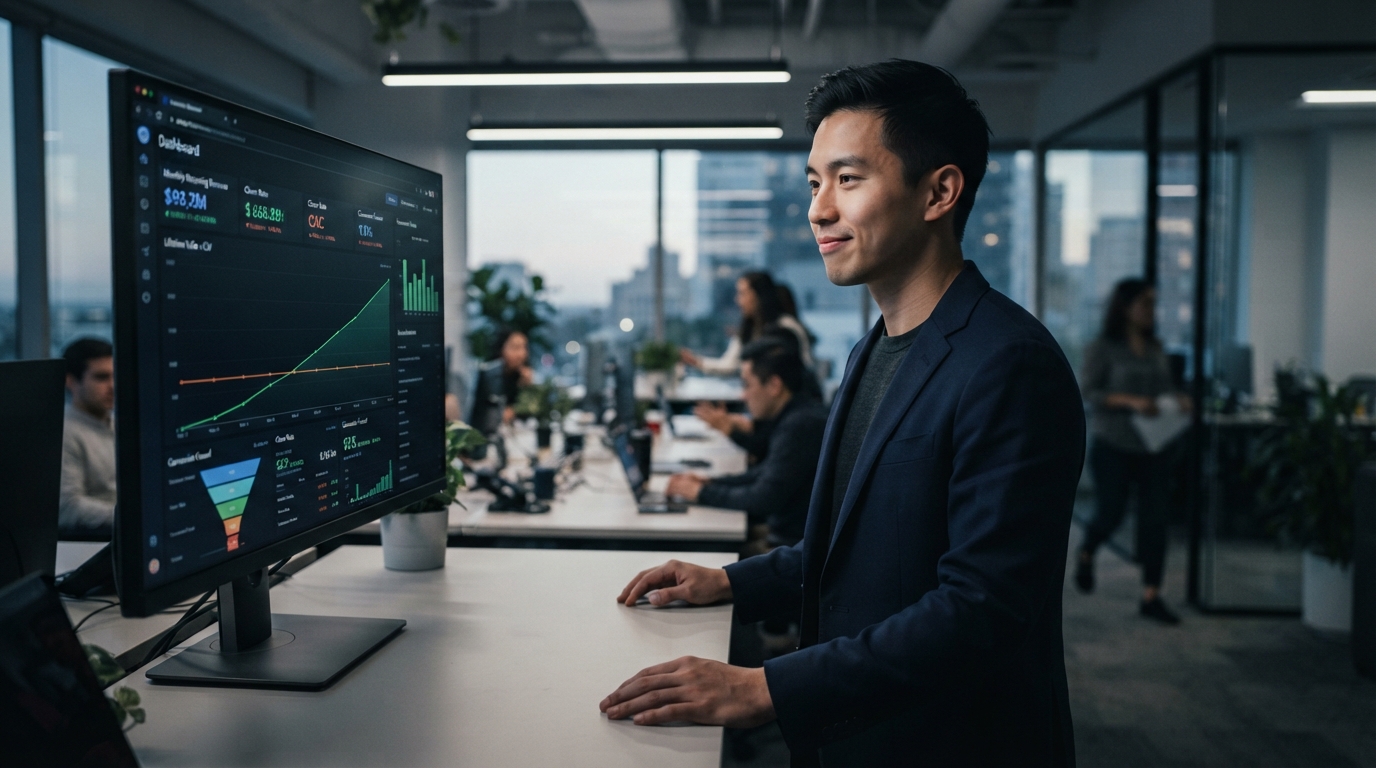 Startup founder analyzing CLV and CAC metrics on a dashboard, illustrating strategic growth and financial stability for a growing business.