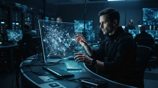 A futuristic control room visualizing complex, unlabeled data streams, symbolizing the hidden nature of dark funnel marketing for startups.