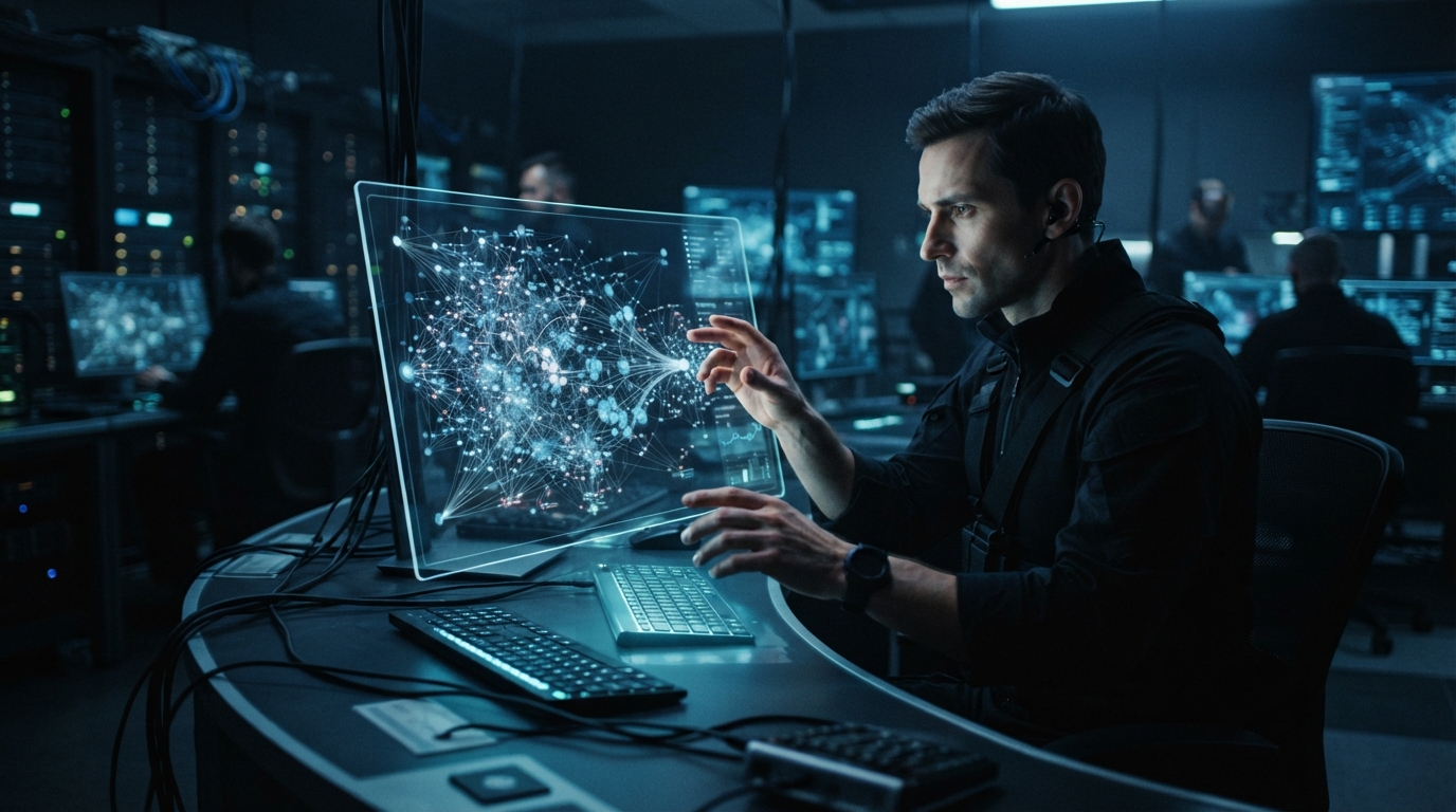A futuristic control room visualizing complex, unlabeled data streams, symbolizing the hidden nature of dark funnel marketing for startups.