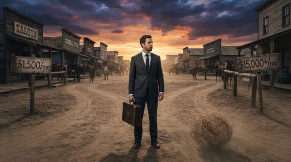 A businessman stands at a crossroads in a Wild West town, symbolizing the confusing and varied pricing of digital marketing services.