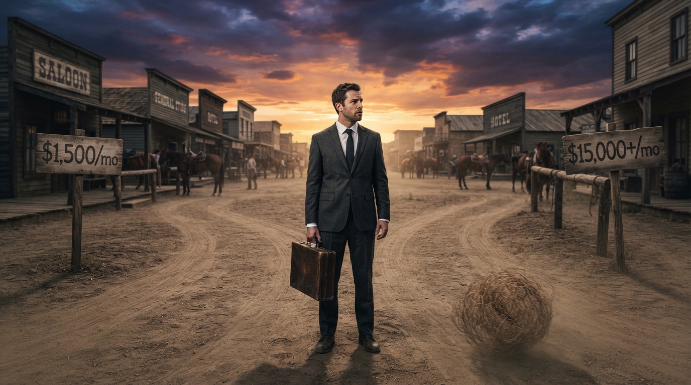 A businessman stands at a crossroads in a Wild West town, symbolizing the confusing and varied pricing of digital marketing services.