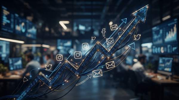 A visual representation of startup growth, showcasing an upward trending graph intertwined with marketing channel icons, symbolizing efficient growth through data.