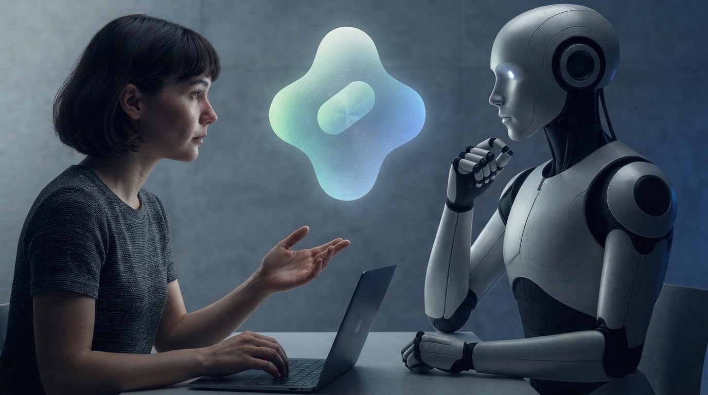 Cinematic visualization of ethical AI seamlessly integrated into a user experience design interface, highlighting fairness and transparency.