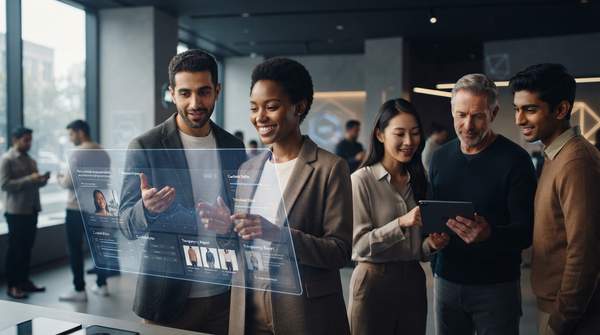 Diverse consumers engaging with secure and transparent AI marketing, highlighting the importance of ethical AI for building brand trust and loyalty.