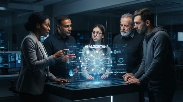 Startup founders and investors collaborating around a holographic AI display, discussing ethical considerations and future UX.