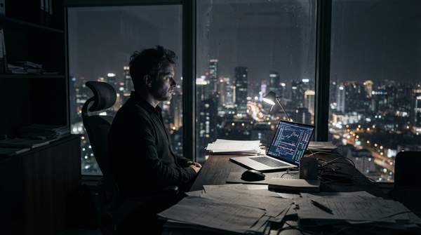 A solitary founder working late in a dark office, overwhelmed by the pressures and isolation of entrepreneurship, with city lights visible outside.