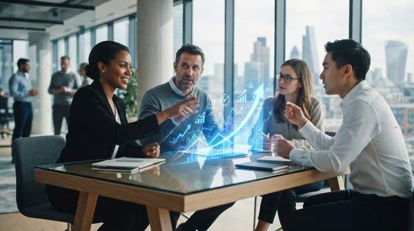Diverse team collaborating in a modern office with holographic business projections, symbolizing fractional C-suite executive growth.