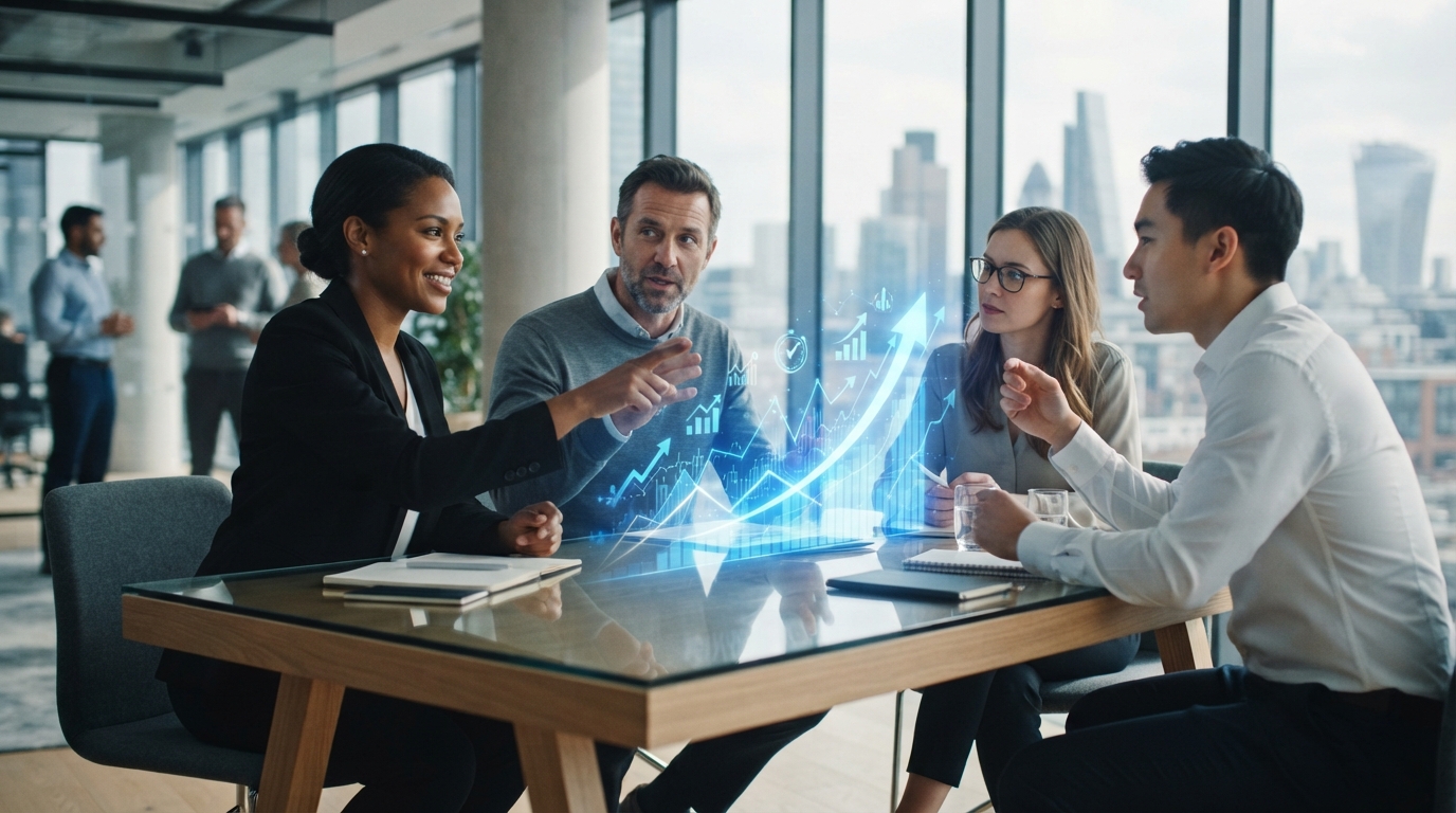 Diverse team collaborating in a modern office with holographic business projections, symbolizing fractional C-suite executive growth.