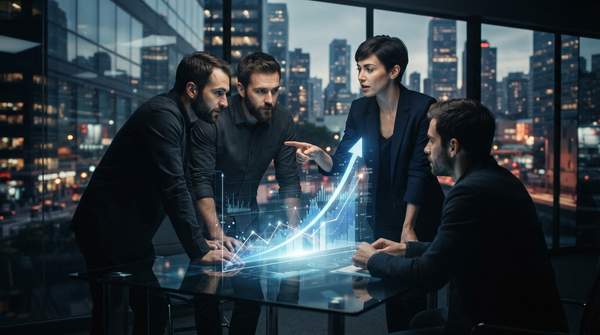 Startup team using fractional leadership to achieve rapid ARR growth, visualized as an ascending graph against a city backdrop.