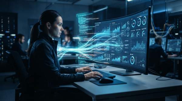 A dynamic digital marketing dashboard illuminated by AI code, illustrating the impact of generative AI on marketing strategies and data analysis.