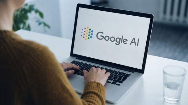 Futuristic cityscape with AI interfaces, symbolizing the pervasive nature of Google's AI Overviews in search.