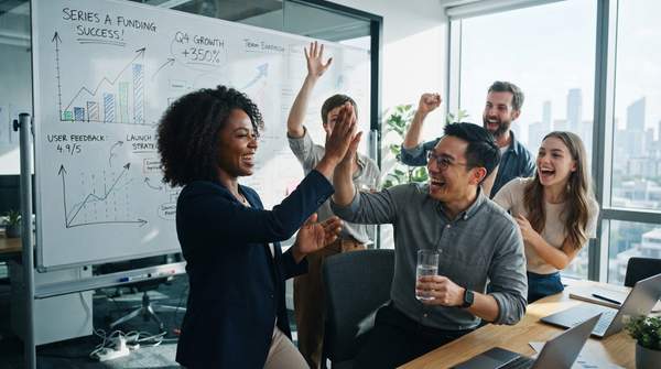 Startup team celebrating a successful product launch, with growth charts and customer feedback visible on a whiteboard in a modern office.