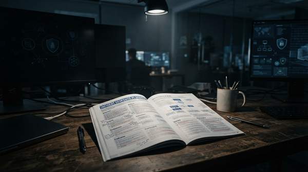A startup founder meticulously reviewing an incident response playbook in a dimly lit office, symbolizing preparedness against cyber threats.