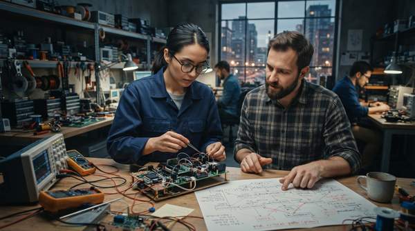 An early-stage hardware startup's supply chain visualized as a delicate but determined path through complex challenges, emphasizing resilience and strategic planning for market success.